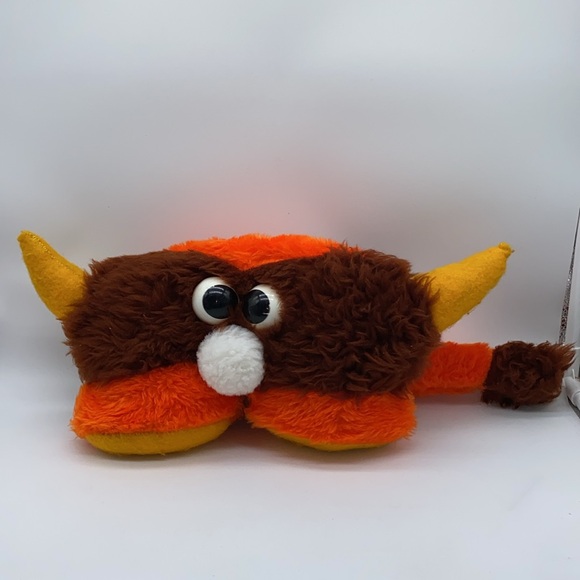 Vintage Hand Made Plush Stuffed Toy Yellow Horns Brown Orange Body with Tail - Picture 12 of 12